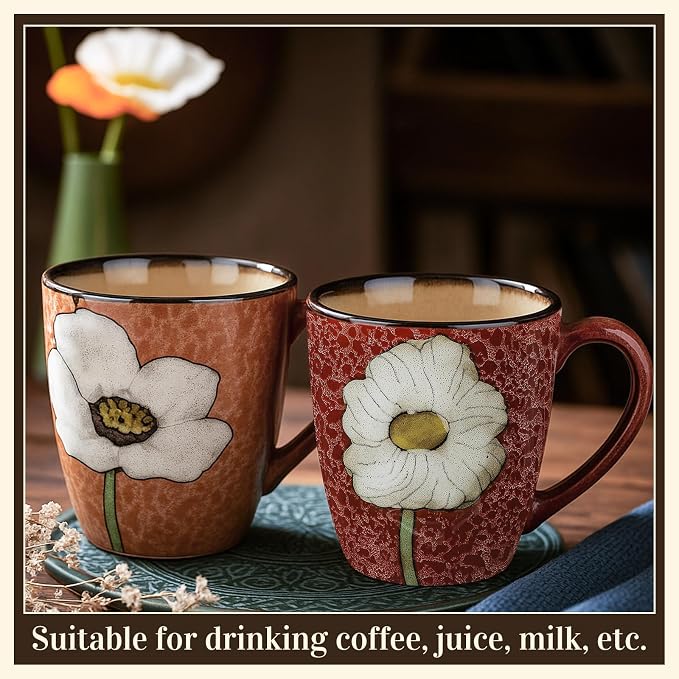 Maxdot 2 Pcs 12oz Ceramic Coffee Mugs Sets Glazing Process Cappuccino Mug Floral Ceramic Tea Cups Idea Gift Set for Women Porcelain Cup for Coffee, Cocoa, Tea, Latte (Retro) (Vintage) - Image 4