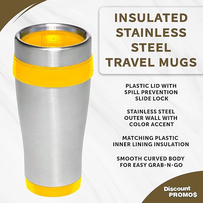 DISCOUNT PROMOS Insulated Stainless Steel Travel Mugs 16 oz. Set of 10, Bulk Pack - Perfect for Coffee, Soda, Other Hot & Cold Beverages - Yellow