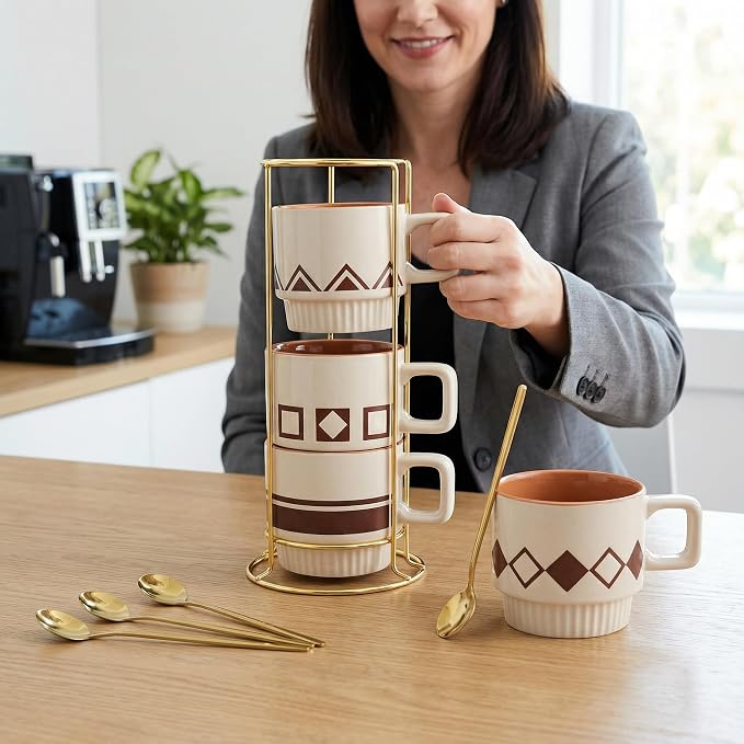 Stackable Coffee Mug Sets of 4 with Rack Tea Cup Set with Spoon 11oz for Coffee, Tea, Cocoa, Cappuccino, Hot Chocolate Ceramic Espresso Cups with Coffee Cup Holder, theme of Geometric - Image 5