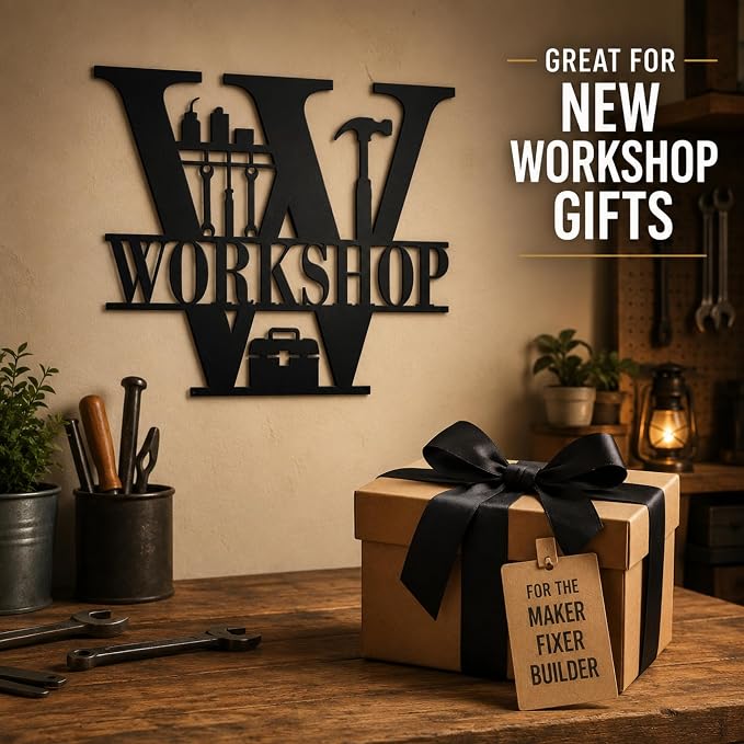 Workshop Metal Wall Decor, Garage and Tool Room Sign, 14 Inch | 14-inch matte black metal workshop sign with pre-drilled holes for garages, tool rooms, sheds, studios, and workspaces. - Image 4