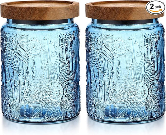 LemonRoad 2 Pcs Vintage Blue Glass Storage Jars 23.7 oz Mason Jar Canister with Wood Lids Food Storage Container for Cookie, Pantry, Candy Kitchen, Coffee, Tea, Flour, Sugar, Decorative Home Decor by Unknown