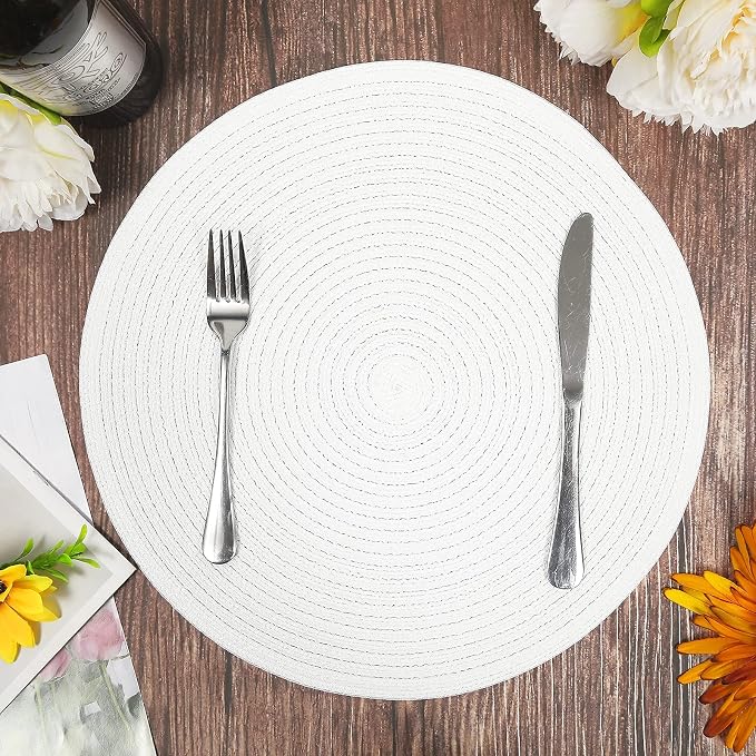 SHACOS Round Braided Placemats Set of 4 Washable Round Table Mats for Dining Table 15 inch (White, 4) - Image 2