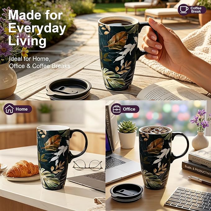 Topadorn 17oz Ceramic Travel Mug with Lid, Tropical Leaf Coffee Mug | 17oz Ceramic Travel Mug • Tropical Leaf Design • Coffee Mug with Lid • Microwave & Dishwasher Safe • Gift Box - Image 4