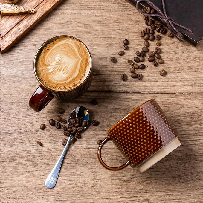 GBhome 12 OZ Stackable Coffee Mugs Set of 4, Ceramic Coffee Cups Set | 4 Assorted Designs, Embossed Mugs with Texture Patterns for Tea/Coffee, Dishwasher&Microwave Safe, Caramel - Image 3