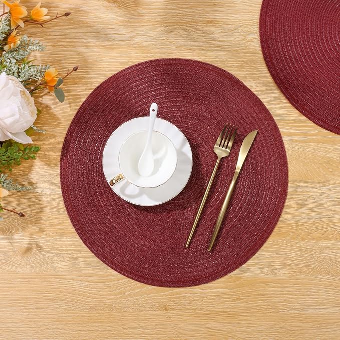 SHACOS Round Placemats Set of 8 for Dining Table 15 inch Round Braided Place Mats Cotton Polyester Washable Non Slip Kitchen Table Mats, Burgundy - Image 9