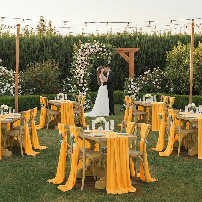 Pack of 25 | Yellow Gold | 14ft Chiffon Table Runner 29x170 Inches Long Romantic Rustic Sheer Gauze Runner for Wedding Bridal Shower Birthday Banquets Engagement Spring Easter Boho Decorations - Image 2