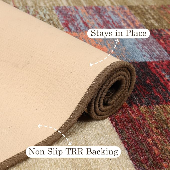 Superior Indoor Non-Slip Runner Rug, Rustic Floor Decor, Color Block Rug for Living Room, Bedroom, Office, Kitchen, Dining, Washable Rugs, Foam Back, Lockwood Collection, 2' 7" x 8', Brown-Burgundy - Image 3