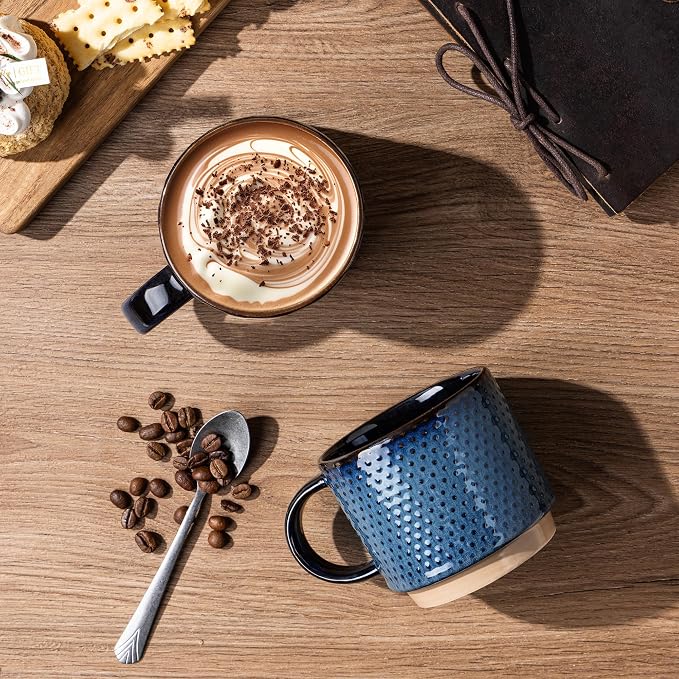 GBhome 12 OZ Stackable Coffee Mugs Set of 6, Ceramic Coffee Cups Set | 3 Assorted Designs, Embossed Mugs with Texture Patterns for Tea/Coffee, Dishwasher&Microwave Safe, Deep Sea - Image 2