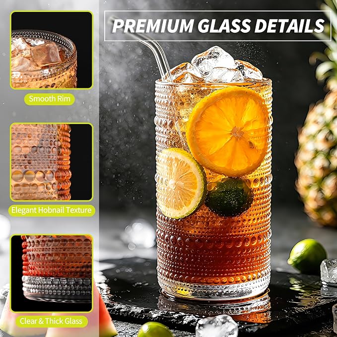 Large Hobnail Drinking Glasses with Straws, 16 oz/480 ml, 6 Pack | Vintage Hobnail Glassware Highball Glasses for Cocktail, Juice, Whiskey, Beer, Milk and Various Mixed Drinks - Image 5