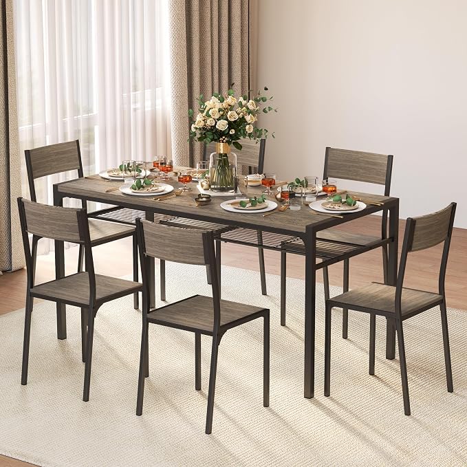 Gizoon 7-Piece Dining Table Set for 6, Kitchen Table with Chairs Grey | Spacious grey 6-person dining set with under-table storage rack. Ergonomic chairs slide under table to maximize space. - Image 2