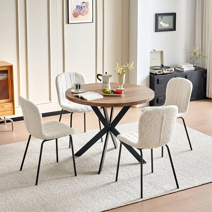 37 Inch Round Dining Table Set for 4, Modern Small Circle Kitchen Coffee Set for Apartment Living Room Office, Save Space(1 Imitation Wooden Table + 4 White Boucle Chairs) - Image 9