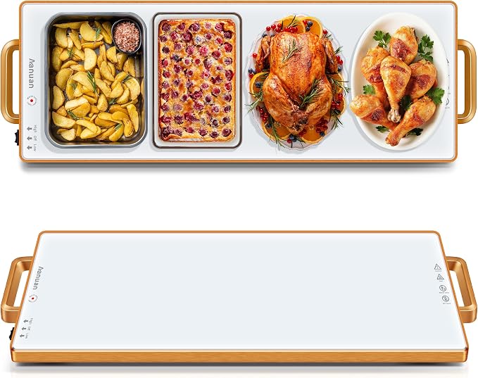 Warming Trays for Buffets Party,31.5"x11.8",Tempered Glass Warmer Mat,White | Keep Food Warm, Gold Handles Food Warming Mat for Daily Use, With Thermostat, Button Temperature Control, Full Surface Warm by Aanuan