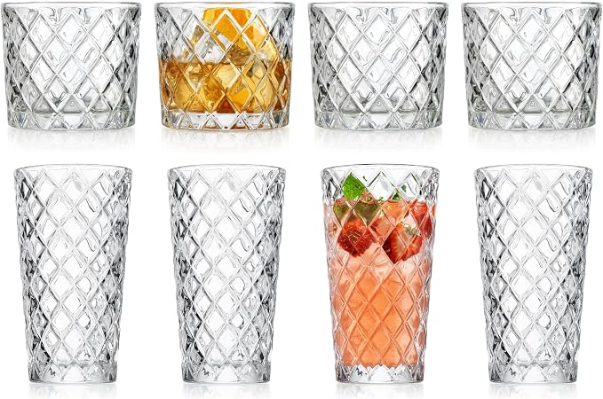 Diamond Cut Drinking Glass Set, Set of 8 Premium Textured Glassware with 4 Highball Glasses 17 oz and 4 Whiskey Glasses 10 oz Elegant Drinking Glasses - Image 7