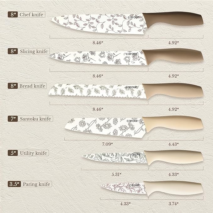 CAROTE Kitchen Knife Set, 6 Floral Knives with 6 Blade Guards, 12-Piece | Stainless Steel Blades, Ceramic Nonstick Coating, Long-Lasting Sharpness, Rust-Resistant, Non-Slip, Dishwasher Safe - Image 2