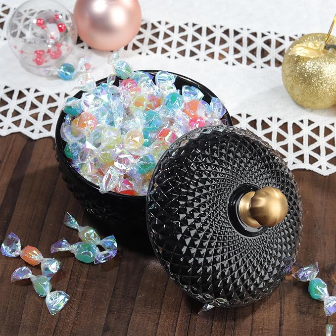Joeyan 12 oz Small Black Glass Jars with Lid,Embossed Glass Candy Dishes,Diamond Faceted Food Container,Decorative Jewelry Box Apothecary Canisters,Colored Kitchen Bathroom Buffet Storage Organizer - Image 3