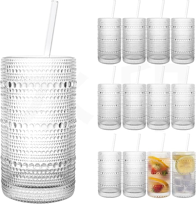 Dingerjar Upgraded Large Capacity 16 oz/480 ml Hobnail Glasses Drinking Set of 12 - Heavy Vintage Glassware by Dingerjar