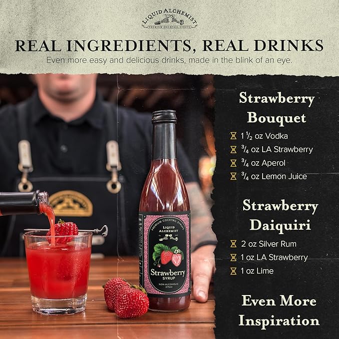 Liquid Alchemist Strawberry Syrup for Drinks - Real Ingredients Make our Strawberry Puree for Drinks a Perfect Margarita Mix - Our Flavored Syrup is Gluten & Dairy Free (12.7 oz)