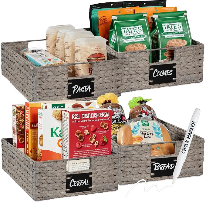 Best Choice Products Set of 4 16x12in Large Water Hyacinth Pantry Baskets, Woven Organizers w/Chalkboard Label, Chalk Marker - Gray by Unknown