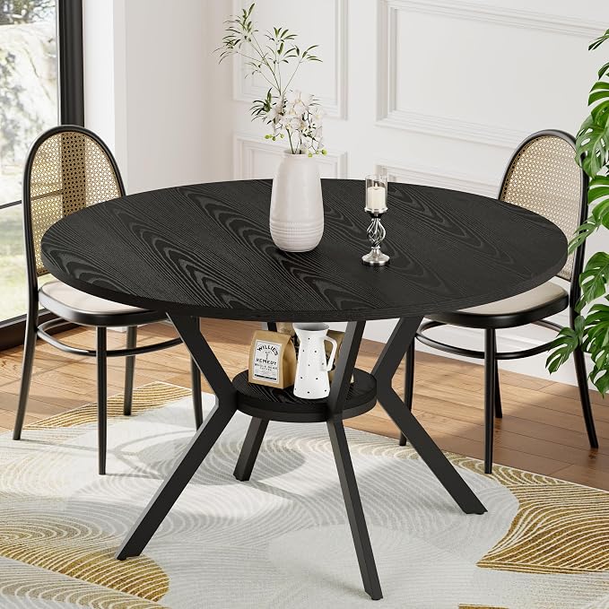 Black Dining Table for 2-4, 42 Inch Round Kitchen Table with Storage, Wooden Circle Dinner Table with Metal Legs, Rustic Mid Century Modern Dining Room Tables for Kitchen, Living Room, Dining Room by MECHYIN