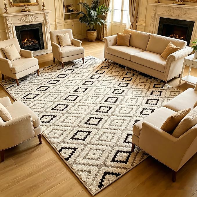 Washable Area Rug 6′6″ × 9′10″ for Living Room Bedroom, Diamond | Soft Cozy Fluffy Mid Pile Machine Washable Non Slip Boho Modern Accent Rug for Dining Room Nursery Kids Room Dorm Hotel by Ukeler