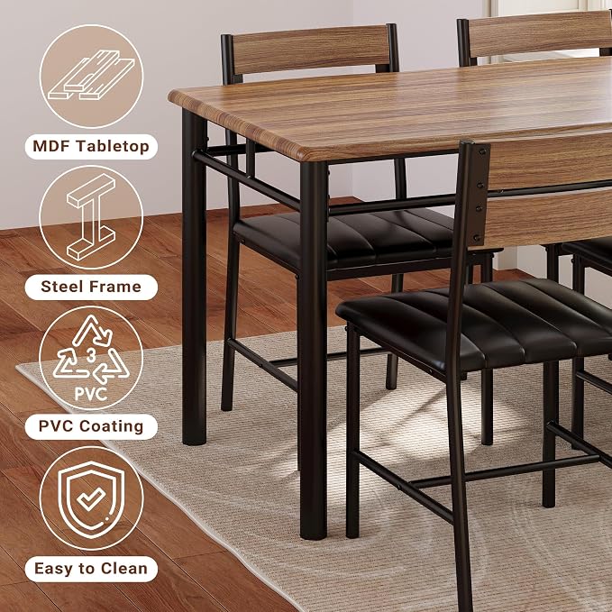 IRONCK Dining Table Set for 4, Walnut | Wood Kitchen Table with Upholstered Chairs for Kitchen Room and Small Spaces - Image 7