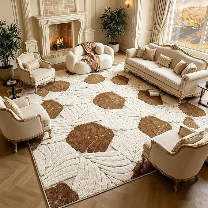 5'x7' Washable Area Rugs for Living Room Bedroom Office, Leaves | Soft Cozy Fluffy Mid Pile Machine Washable Non Slip Boho Modern Accent Rug for Dining Room Office Kids Room Dorm by Ukeler