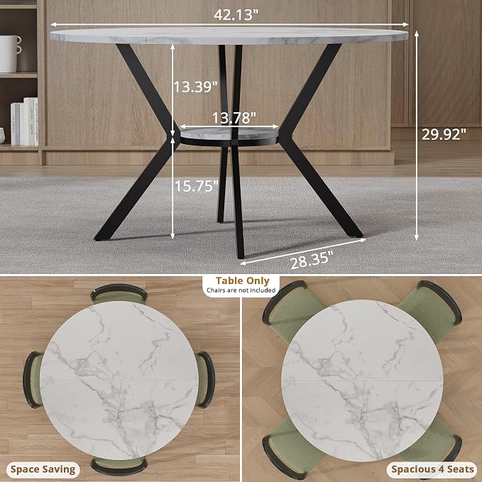 42" Round Dining Table for 2-4, Modern Kitchen Table with Faux Marble Tabletop & Metal Legs, Space Saving Circle Table with Storage, Wood Kitchen & Dining Room Tables for Kitchen Dining Room - Image 2