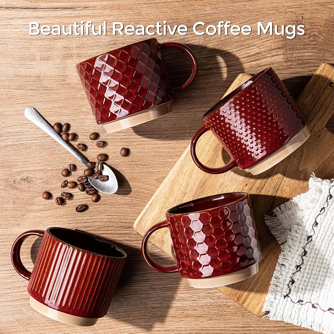 GBhome 15 OZ Stackable Coffee Mugs Set of 4, Ceramic Coffee Cups Set | 4 Assorted Designs, Embossed Mugs with Texture Patterns for Tea/Coffee, Dishwasher&Microwave Safe, Burgundy - Image 7