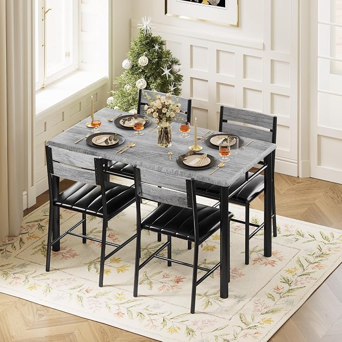 IRONCK Dining Table Set for 4, Grey | Wood Kitchen Table with Upholstered Chairs for Kitchen Room and Small Spaces - Image 9