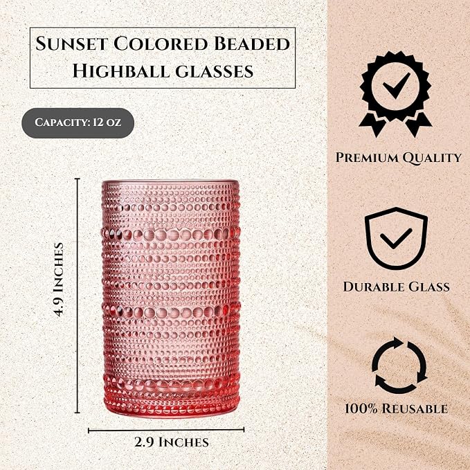 Khen Hobnail Beaded Highball Drinking Tumbler Glasses | Set of 5 | Color Vintage Bubble Design Whiskey Glassware, Old-Fashioned Embossed Design, Water, Wine, Cocktail, Heavy Glass Rocks Glass - Image 4