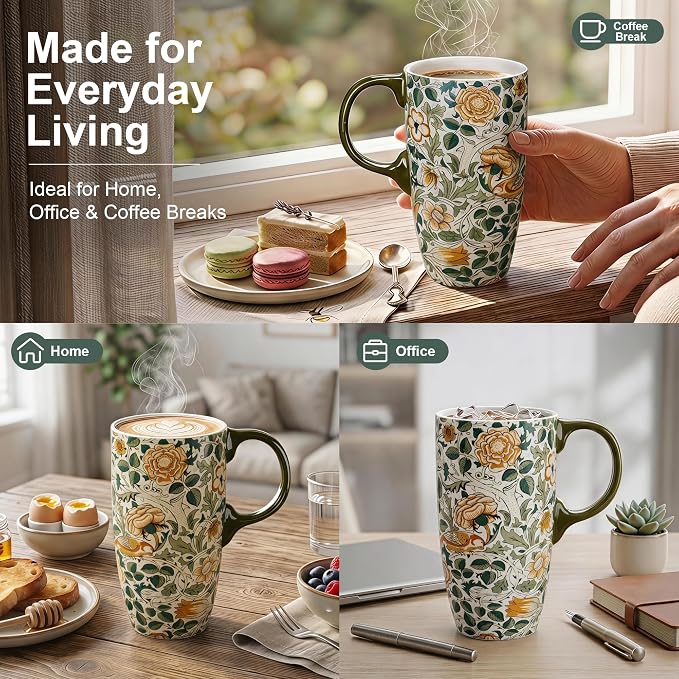 Topadorn 17oz Ceramic Travel Mug with Lid, William Morris Bird & Rose | Coffee Mug with Handle, Vintage Botanical Latte Cup, Microwave & Dishwasher Safe - Image 5