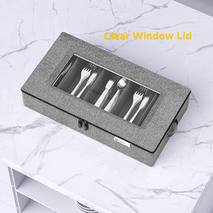 Silverware Storage Box,Hard Shell Flatware Organizer with Lid and Zipper,Utensil Storage with Clear Window and adjustable Divider for Spoons,Forks.Knives,Grey - Image 6