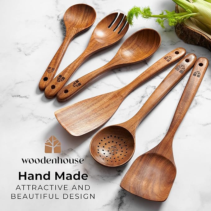 Wooden Spoons for Cooking, Teak Wood Kitchen Utensil Set – Multipack | Comfortable Grip, Non-Stick, Food-Safe & Easy to Clean Natural Cookware - Image 6