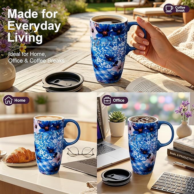 Topadorn 17oz Ceramic Travel Mug with Lid, Blue Floral Coffee Mug with Handle, Large Ceramic Travel Cup, Microwave & Dishwasher Safe, Gift Box Included - Image 7
