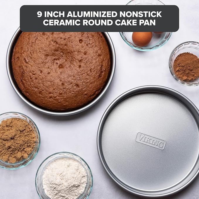 Viking Premium 9-Inch Nonstick Ceramic Round Cake Pan, Made without PFAS, Heavy Gauge Aluminized Steel Baking Pan with Reinforced Iron Frame, Even Heating Bakeware, Oven Safe to 475F, Silver - Image 2