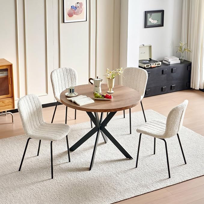 37 Inch Round Dining Table Set for 4, Modern Small Circle Kitchen Coffee Set for Apartment Living Room Office, Save Space(1 Imitation Wooden Table + 4 White Boucle Chairs) - Image 2