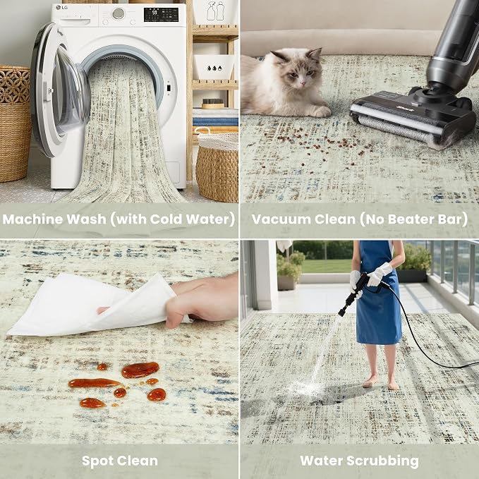 10x14 Washable Area Rug for Living Room Bedroom: Non-Slip Modern Gray White | Machine Washable TPR Backing, Stain-Resistant Low Pile, Pet & Kid Friendly, Abstract Decor for Dining Room, Dorm, Home Office - Image 5