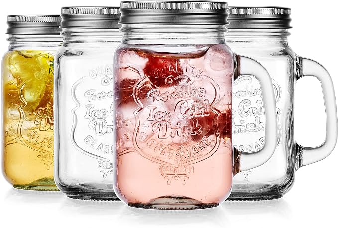 Glaver's Mason Drinking Jars – Set of 4, 15.25 Oz Clear Glass Jar with Handle and Lid. – Ice-Cold Drink Glassware Logo – Glass Mugs Ideal for Cold Beverages, Juice, Smoothie, Cocktails. - Image 5
