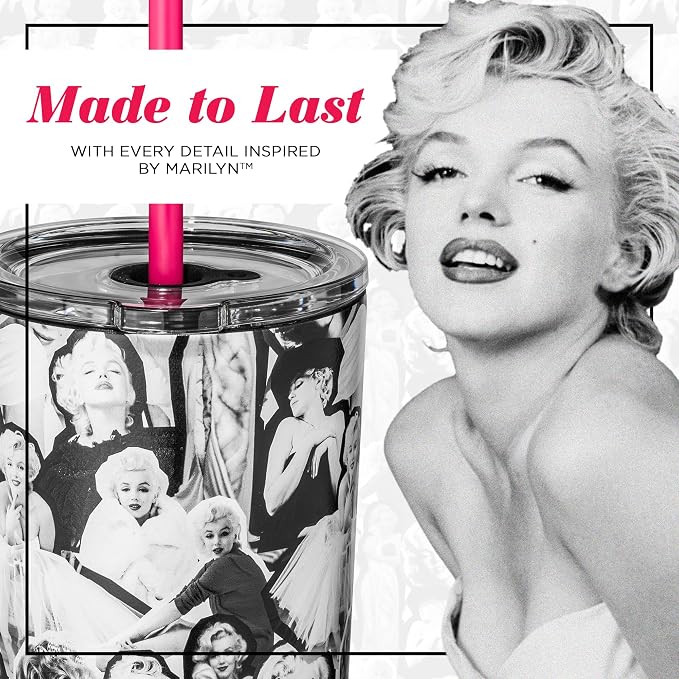 Dragon Glassware x Marilyn Monroe Tumbler with Straw & Lid, 24 oz | Vacuum Insulated Stainless Steel Tumbler with Straw & Lid; Double Walled Tumbler with Straw Charm; Marilyn Monroe Cup - Image 5