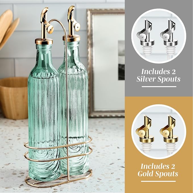 COOK WITH COLOR Glass Olive Oil Bottle Dispenser - 2 Pack- 17oz Oil and Vinegar Cruet - Olive Oil Carafe Decanter for Kitchen, Elegant Fluted, Green - Image 4