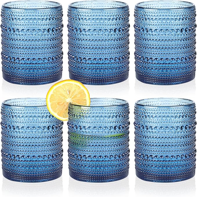 KMIGRUAN Hobnail Drinking Glasses Set of 6,12oz Blue Vintage Glassware,Cocktail Glasses,Embossed Glass Cups,Water Tumbler for Whiskey, Juice and Various Mixed Drinks by KMIGRUAN