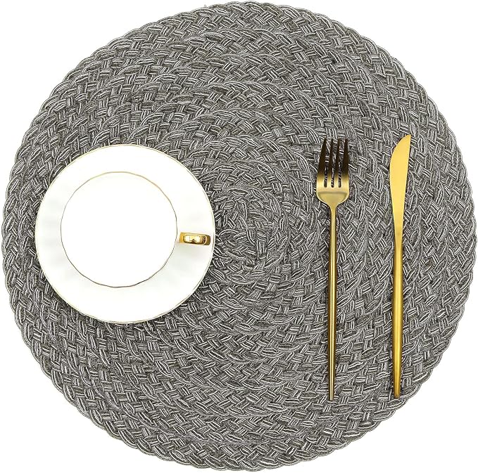 SHACOS Round Braided Placemats Set of 6 Thick Woven Placemats Washable 15 inch Circle Place Mats Non Slip Table Mats for Dining Table, Gray White - Image 8