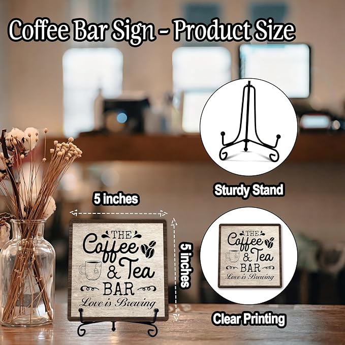 Coffee Bar Sign, Love is Brewing Farmhouse Tabletop Decor, Coffee and Tea Lover Gifts, 5x5 Wood Plaque with Iron Stand for Home Kitchen Cafe, Coffee Bar Decor – L10 - Image 2
