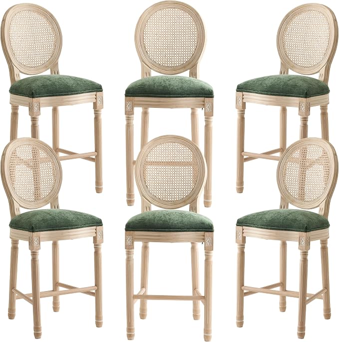 French Country Barstool, Linen Farmhouse Counter Height Chair | Set of 6, with Rattan Round Back and Solid Wood Legs, Oval Chairs for Restaurant, Bar, Kitchen, Café, Green by RCDDFurniture