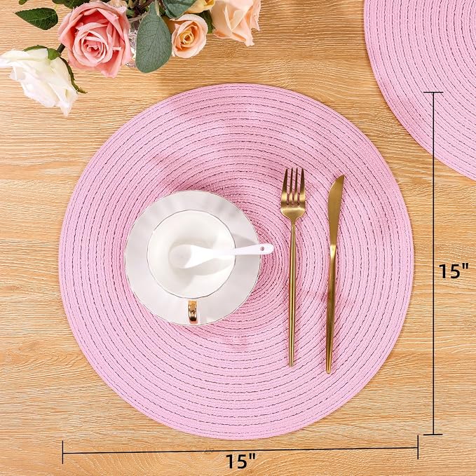 SHACOS Round Braided Placemats Set of 4 Washable 15 inch Round Table Mats for Dining Table Place Mats Home Wedding Party Decor (Pink, 4) - Image 4