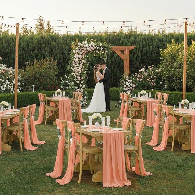 Pack of 12 | Peach | 10ft Chiffon Table Runner 29x120 Inches Long Romantic Rustic Sheer Gauze Runner for Wedding Bridal Shower Birthday Banquets Engagement Spring Easter Boho Decorations - Image 2