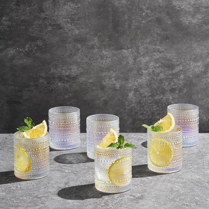 Hobnail Beaded Lowball Drinking Tumbler Glasses | Set of 6 | Iridescent Pearl Vintage Bubble Design Glassware, Old-Fashioned, Embossed Design, Water, Wine, Cocktail Embossed Heavy Glass, Rocks Glass - Image 7