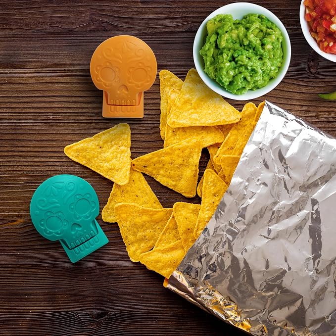 Genuine Fred SNACK SPIRITS Bag Clips, Set of 4, Molded Day of the Dead skull design, Dio de los Muertos, Colorful Calaveras, Bag Clips for food storage - Image 3