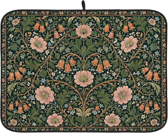 Vintage Floral Dish Drying Mat for Kitchen Counter Coffee Bar 18x24 in | Decorative Non Slip Absorbent Kitchen Dishes Drainer Mat, with Anti-slip Rubber Backing & Hanging Loop, for Sink, Home Gift by HiWelcometoMCIAONE