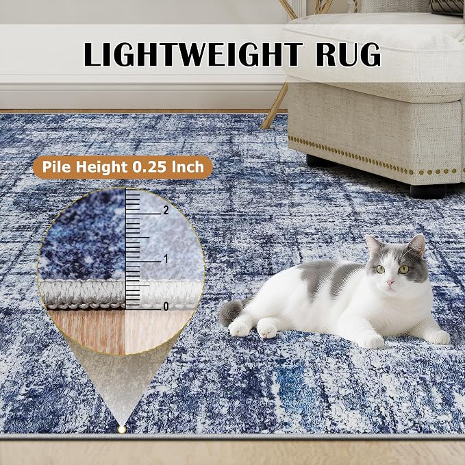 8x10 Washable Area Rug for Living Room Bedroom: Non-Slip Modern Navy Blue | Machine Washable TPR Backing, Stain-Resistant Low Pile, Pet & Kid Friendly, Abstract Decor for Dining Room, Dorm, Home Office - Image 6